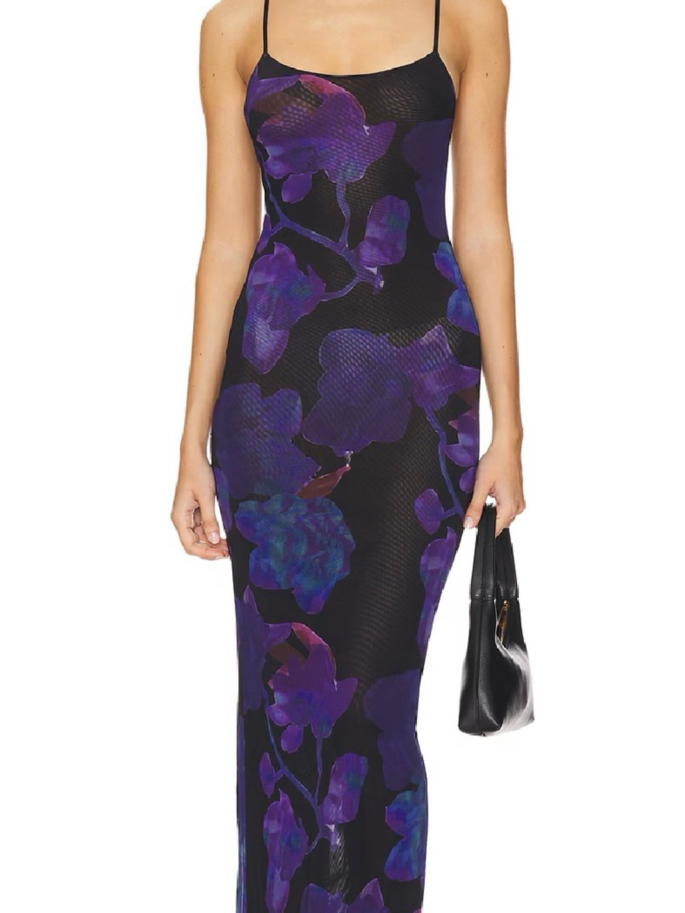 Superdown Black Maxi Slip Dress with Purple Floral Print